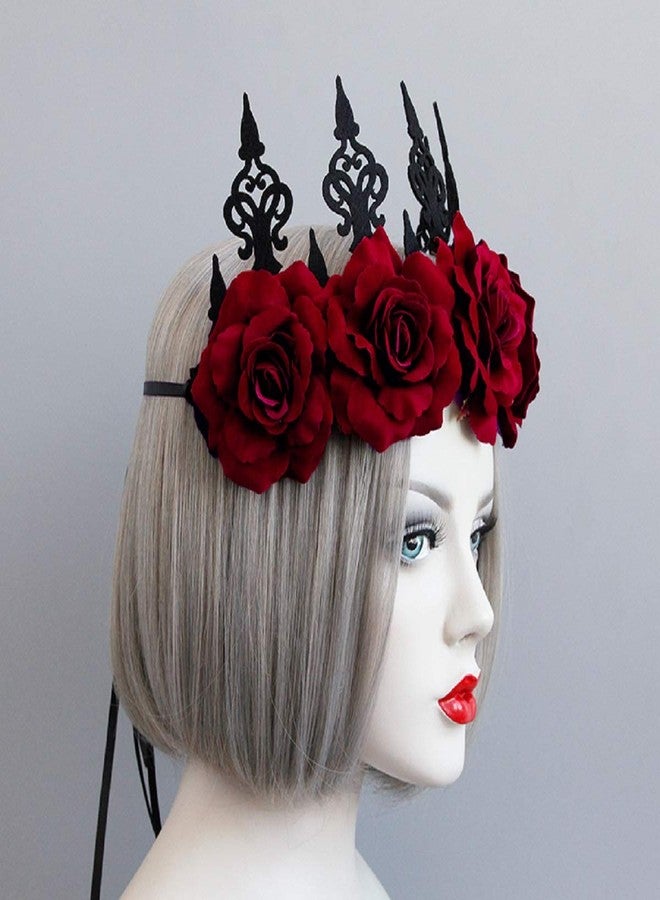 LSHDXD Vintage Red Rose Queen Hair Band, Halloween Christmas Headbands Headdress for Women, Perfect Hair Accessories Floral Flower Crown for Ball Party Masquerade and Cosplay. (red) - Image 2