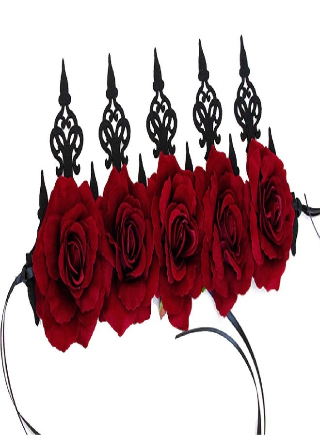 LSHDXD Vintage Red Rose Queen Hair Band, Halloween Christmas Headbands Headdress for Women, Perfect Hair Accessories Floral Flower Crown for Ball Party Masquerade and Cosplay. (red) - Image 1