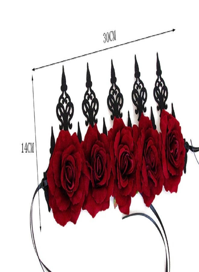 LSHDXD Vintage Red Rose Queen Hair Band, Halloween Christmas Headbands Headdress for Women, Perfect Hair Accessories Floral Flower Crown for Ball Party Masquerade and Cosplay. (red) - Image 4