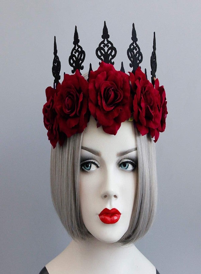 LSHDXD Vintage Red Rose Queen Hair Band, Halloween Christmas Headbands Headdress for Women, Perfect Hair Accessories Floral Flower Crown for Ball Party Masquerade and Cosplay. (red) - Image 5