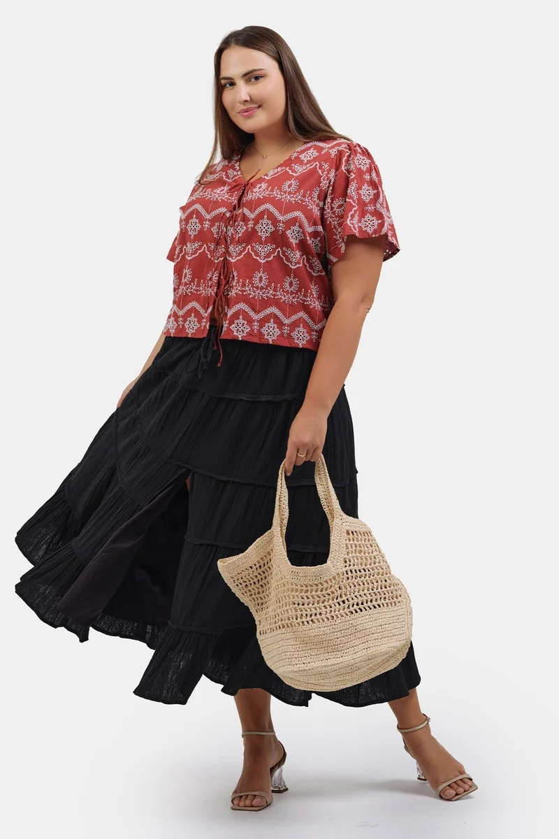 Virgio Embroidered Cotton Cropped Plus Size Top With Contrast Schiffli for Women