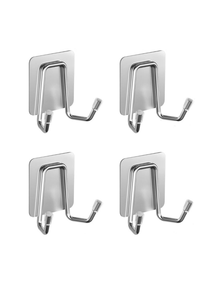 Self Adhesive Hooks 4 Pieces, Brushed Stainless Steel Adhesive Door Hooks, Heavy Duty Wall Hooks for Hanging Towels, Robes, Coats, Keys, Calendars Bathroom Home Kitchen, No Drill Glue Needed