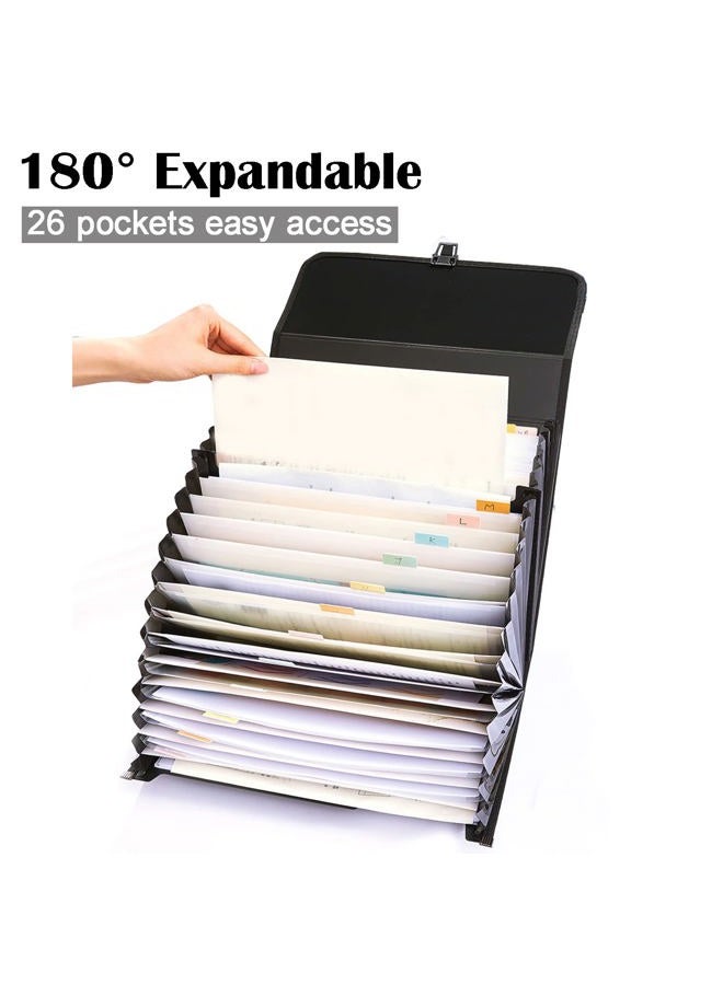 TRANBO 26 Pockets Accordion File Organizer with Durable Handle, Letter Size/A4 Expanding File Folder, Portable Paper Organizer, Expandable Plastic Document Organizer for Travel School Office - Black - Image 2