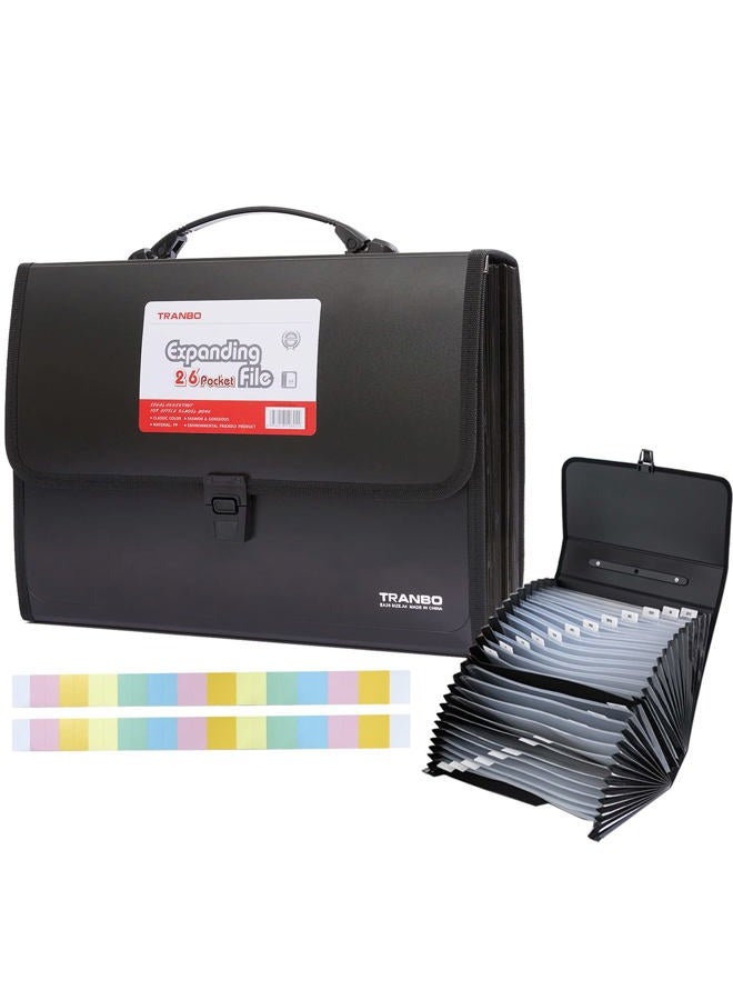 TRANBO 26 Pockets Accordion File Organizer with Durable Handle, Letter Size/A4 Expanding File Folder, Portable Paper Organizer, Expandable Plastic Document Organizer for Travel School Office - Black - Image 1