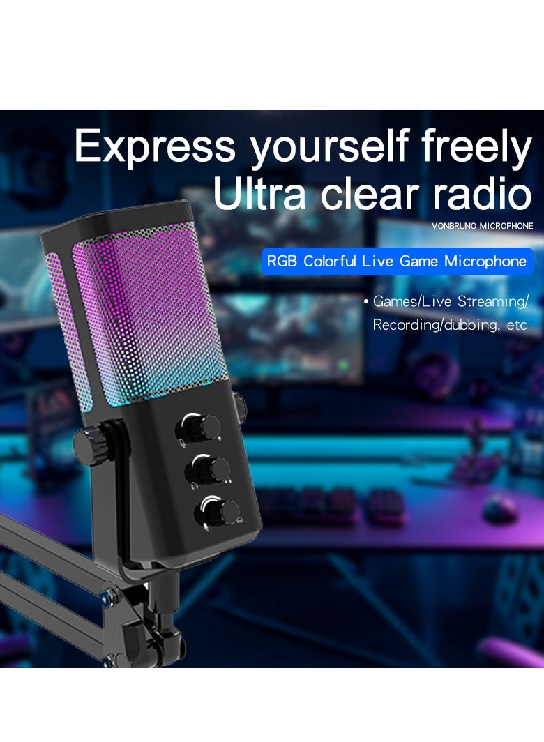 يوشي ميكروفون M7-35 الديناميكي للتدوين المرئي للألعاب والبث - ضوء RGB - USB - زر كتم الصوت، مدخل سماعة الرأس، قاعدة مكتبية للصوت للغناء على يوتيوب - أسود أحادي الاتجاه - Image 2