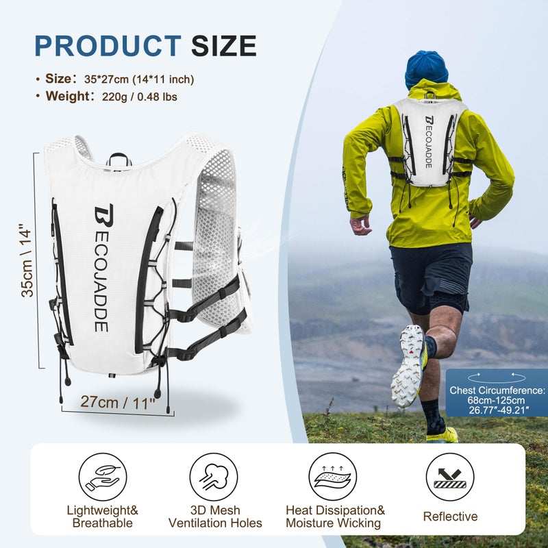 BECOJADDE Running Vest Hydration Backpack with One 1.5L Water Bag for Men Women, 5L Lightweight Running Backpack Hydration for Marathon, Trail, Cycling, Hiking, Jogging White - Image 4