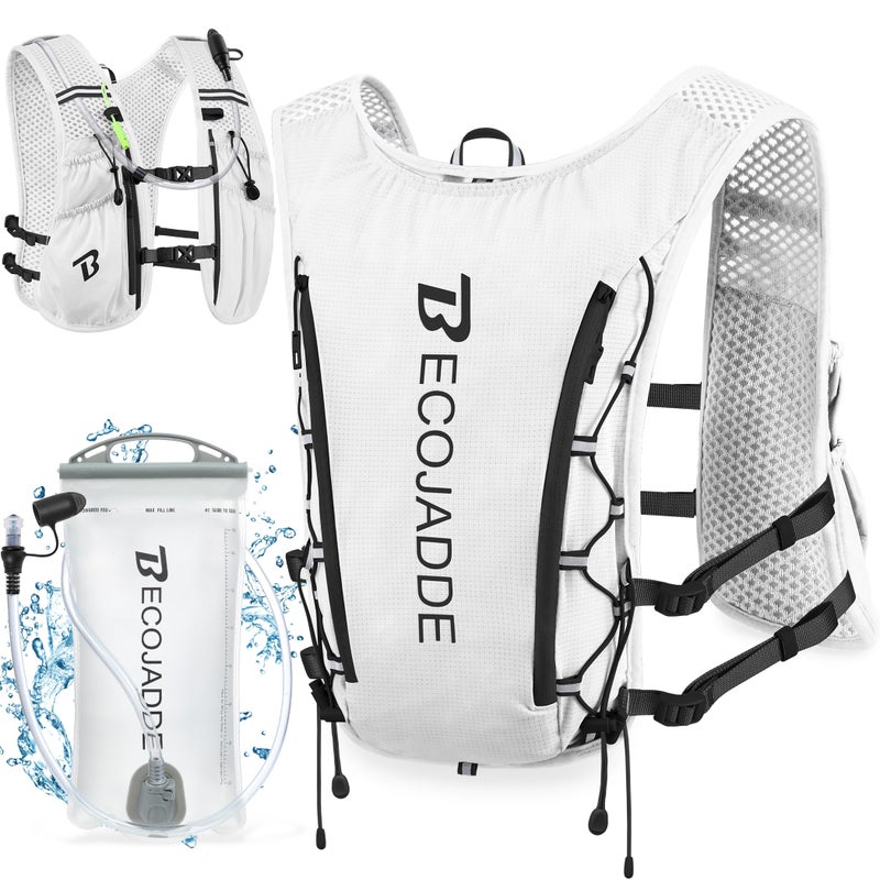 BECOJADDE Running Vest Hydration Backpack with One 1.5L Water Bag for Men Women, 5L Lightweight Running Backpack Hydration for Marathon, Trail, Cycling, Hiking, Jogging White - Image 1