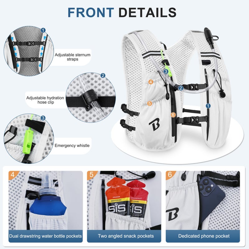 BECOJADDE Running Vest Hydration Backpack with One 1.5L Water Bag for Men Women, 5L Lightweight Running Backpack Hydration for Marathon, Trail, Cycling, Hiking, Jogging White - Image 2