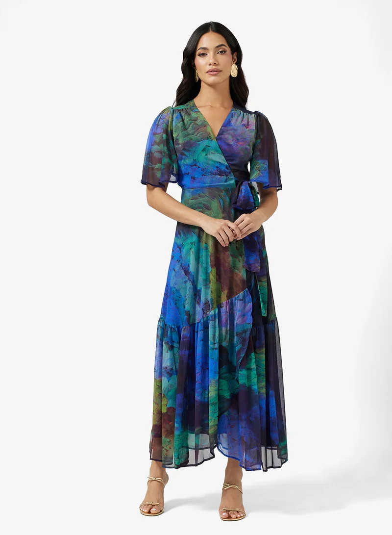 Hope & Ivy Flutter Sleeve  Tie Waist Detail Maxi Wrap Dress