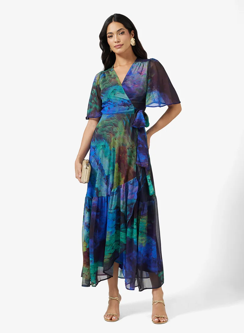 Hope & Ivy Flutter Sleeve  Tie Waist Detail Maxi Wrap Dress