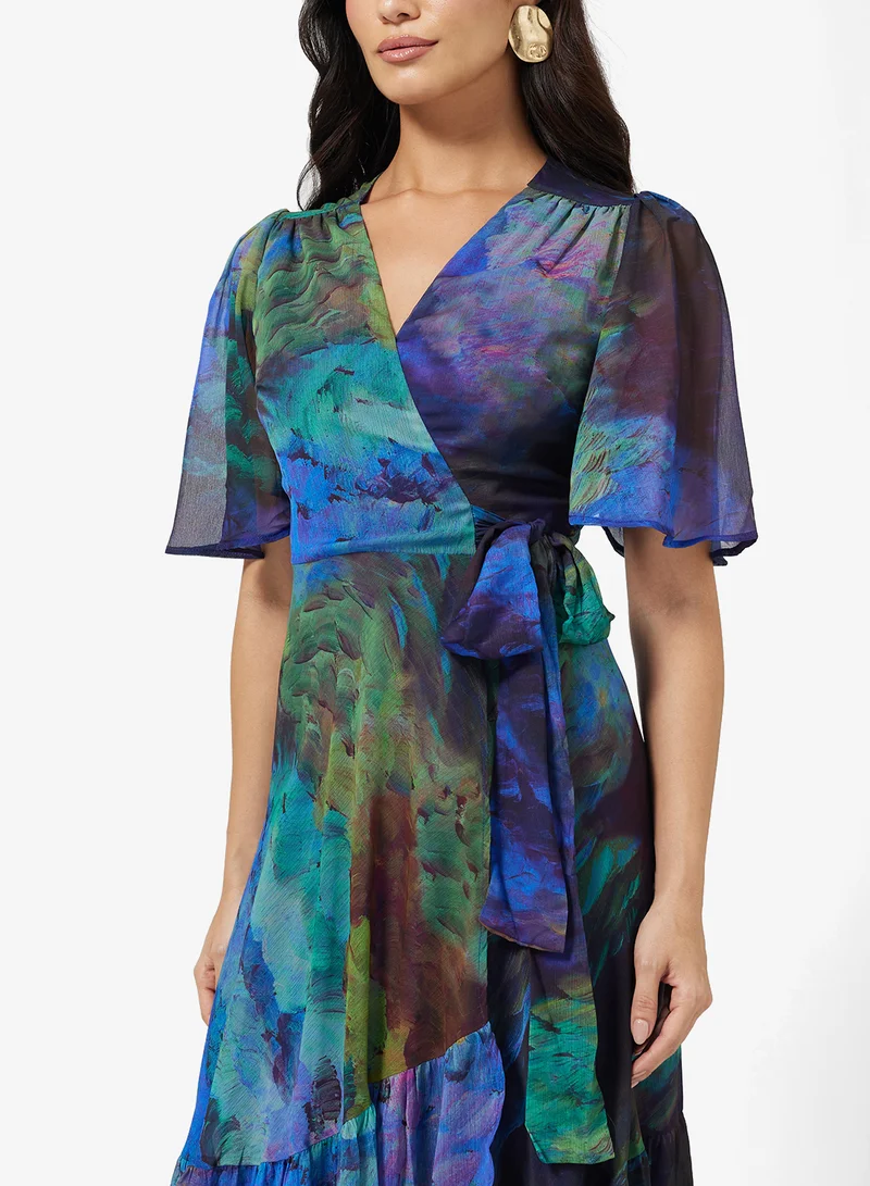 Hope & Ivy Flutter Sleeve  Tie Waist Detail Maxi Wrap Dress