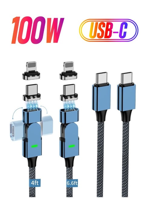 100W 180° Magnetic Charging Cable, 2-in-1 USB C to USB C/Lightning Charger (2 Pack, 4ft  6.6ft), 480Mbps Data Transfer for iPhone 15, iPad, MacBook Pro, Galaxy S22 (Blue)