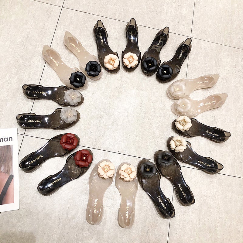 Flower Sandals Women'S Summer Fish Mouth Flat Beach Shoes Seaside Thailand Internet Celebrity Anti-Slip Crystal Pvc Transparent Jelly Shoes - Image 2