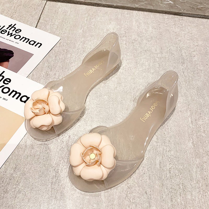 Flower Sandals Women'S Summer Fish Mouth Flat Beach Shoes Seaside Thailand Internet Celebrity Anti-Slip Crystal Pvc Transparent Jelly Shoes - Image 1