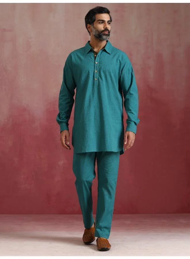 ترو برونز طقم كوردي رجالي من القطن بلون أخضر مزرق بياقة ستايل كردي