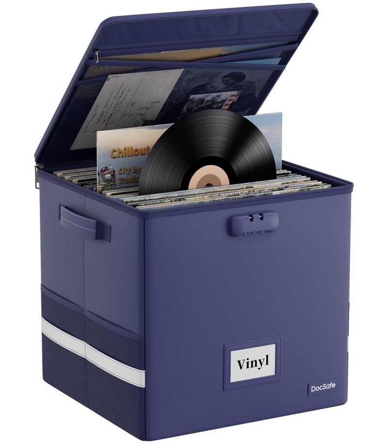 DocSafe Vinyl Record Storage Box with Lock FireproofWater Resistant Record Organizer for 100 Single Records12inch Collapsible Storage Crate with LidHandles for Valuable Album Collection Blue - Image 2