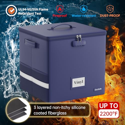 DocSafe Vinyl Record Storage Box with Lock FireproofWater Resistant Record Organizer for 100 Single Records12inch Collapsible Storage Crate with LidHandles for Valuable Album Collection Blue - Image 3