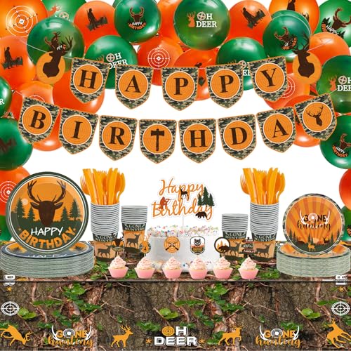 Suclain 165 Pcs Hunting Birthday Party Decorations Camo Deer Birthday Banner Hunting Tablecloths Camo Disposable Dinnerware Tableware for 16 Guests deer Camouflage Balloons Cake Cupcake Topper - Image 1