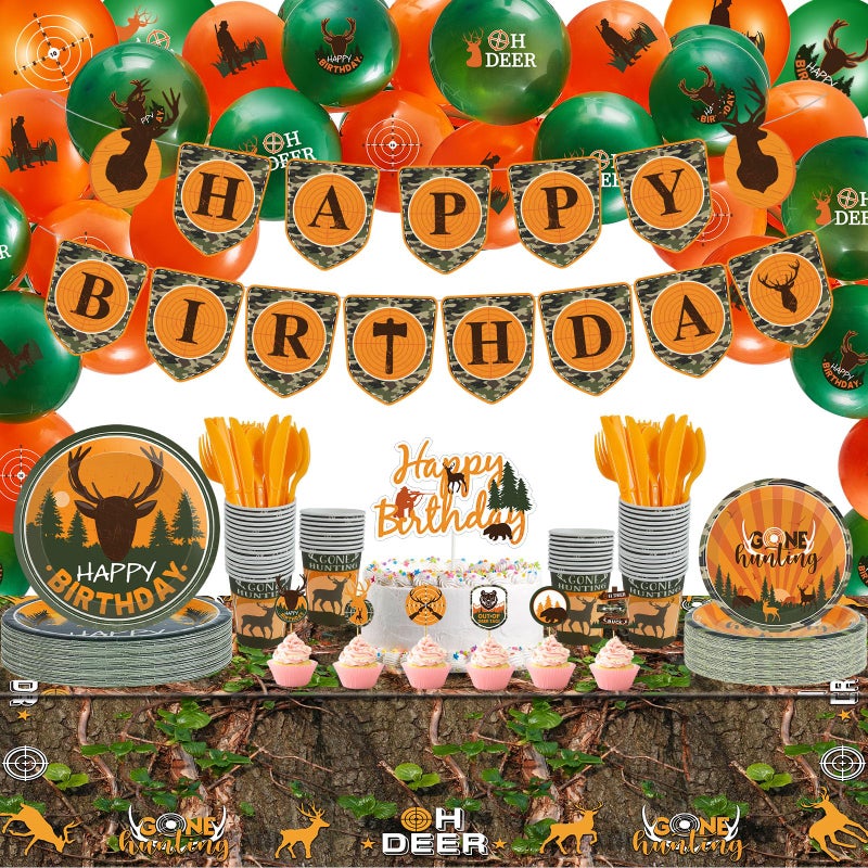 Suclain 165 Pcs Hunting Birthday Party Decorations Camo Deer Birthday Banner Hunting Tablecloths Camo Disposable Dinnerware Tableware for 16 Guests deer Camouflage Balloons Cake Cupcake Topper - Image 2