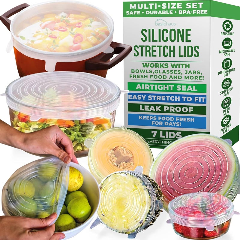 Basic Haus Reusable Silicone Stretch Lids for Food Storage in Fridge - Elastic Heat-Resistant Bowl Covers, Cups, Cans, Jars - Universal Food Grade Lid for Round and Rectangle Containers - Dishwasher Safe -7 Pack - Image 1