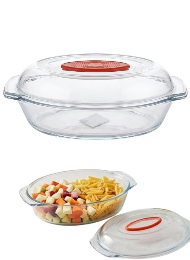 طبق خزفي بيضاوي من الزجاج مع غطاء بلاستيكي سعة 1.5 لتر - طبق متين ومقاوم للحرارة وآمن للاستخدام في الفرن والميكروويف، مثالي للخزائن والمخبوزات وتحضير الوجبات - Image 1