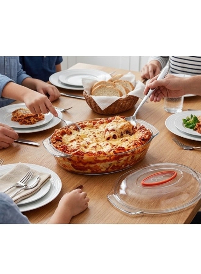 طبق خزفي بيضاوي من الزجاج مع غطاء بلاستيكي سعة 1.5 لتر - طبق متين ومقاوم للحرارة وآمن للاستخدام في الفرن والميكروويف، مثالي للخزائن والمخبوزات وتحضير الوجبات - Image 2