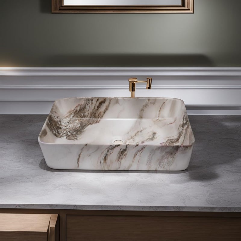 OBCO OBCO Ceramic Tabletop Wash Basin Countertop Basin 24X145X55 Inch Vessel Sink Bathroom Basin Wooden Brown Marble BasinGlossy Finish OBCO70 - Image 2