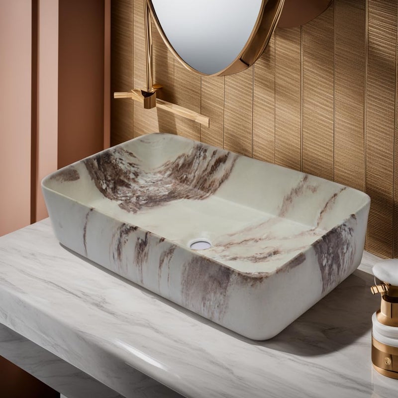 OBCO OBCO Ceramic Tabletop Wash Basin Countertop Basin 24X145X55 Inch Vessel Sink Bathroom Basin Wooden Brown Marble BasinGlossy Finish OBCO70 - Image 1
