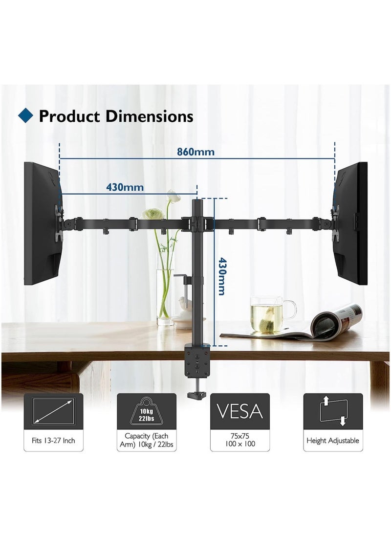 Vesa 1home Double Twin Arm Desk Mount Ergonomic TV LCD Monitor Computer Screen Bracket Dual Tilt Swivel Rotation (13in-27in)