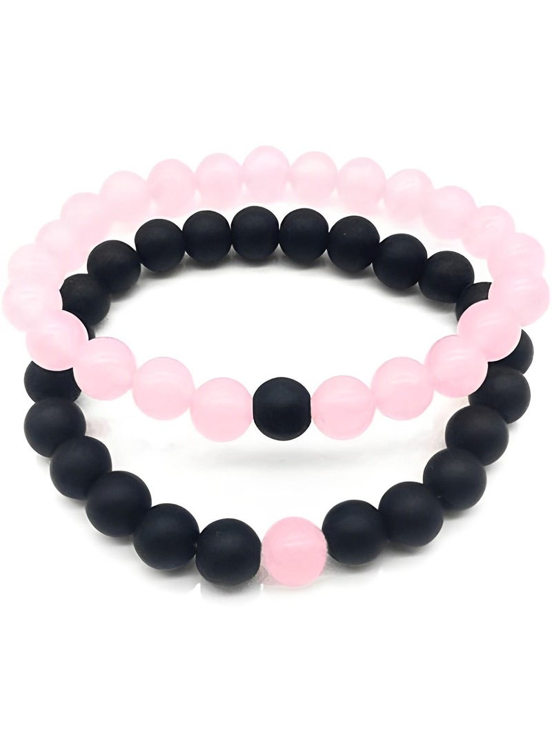 Couples His and Hers Couple Bracelet Pink jade and Black Matte Agate Stones - Image 2