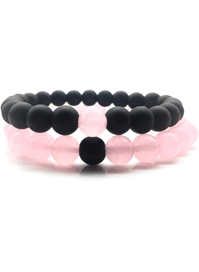 Couples His and Hers Couple Bracelet Pink jade and Black Matte Agate Stones - Image 1