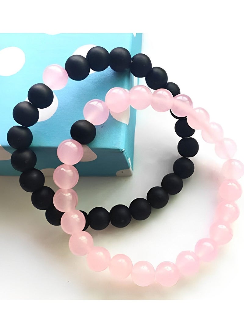 Couples His and Hers Couple Bracelet Pink jade and Black Matte Agate Stones - Image 3