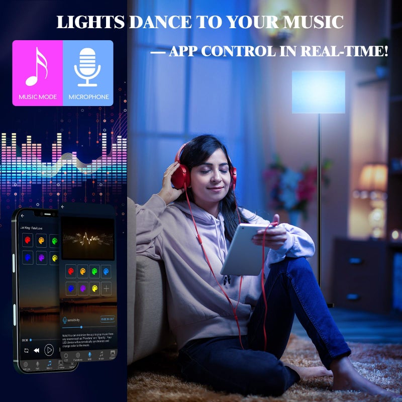 Qaubauyt Smart LED Floor Lamp with APP Control & RGB Colors - Dimmable Standing Lamp for Living Room, Bedroom, Gaming - Remote, Timer, 9W Bulb Included, 60.6" Modern Tall Lamp (White) - Image 5