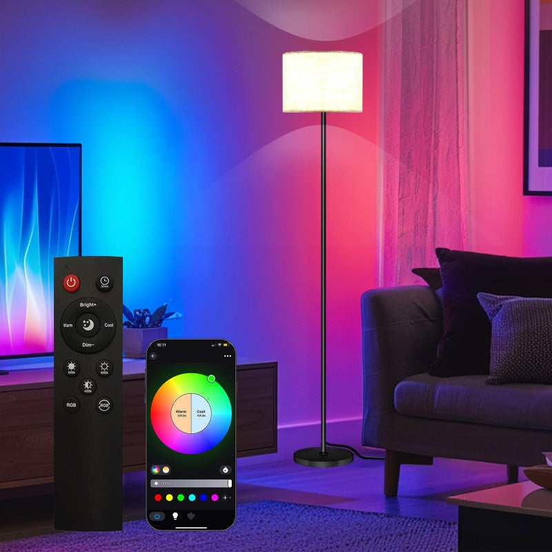 Qaubauyt Smart LED Floor Lamp with APP Control & RGB Colors - Dimmable Standing Lamp for Living Room, Bedroom, Gaming - Remote, Timer, 9W Bulb Included, 60.6" Modern Tall Lamp (White) - Image 1