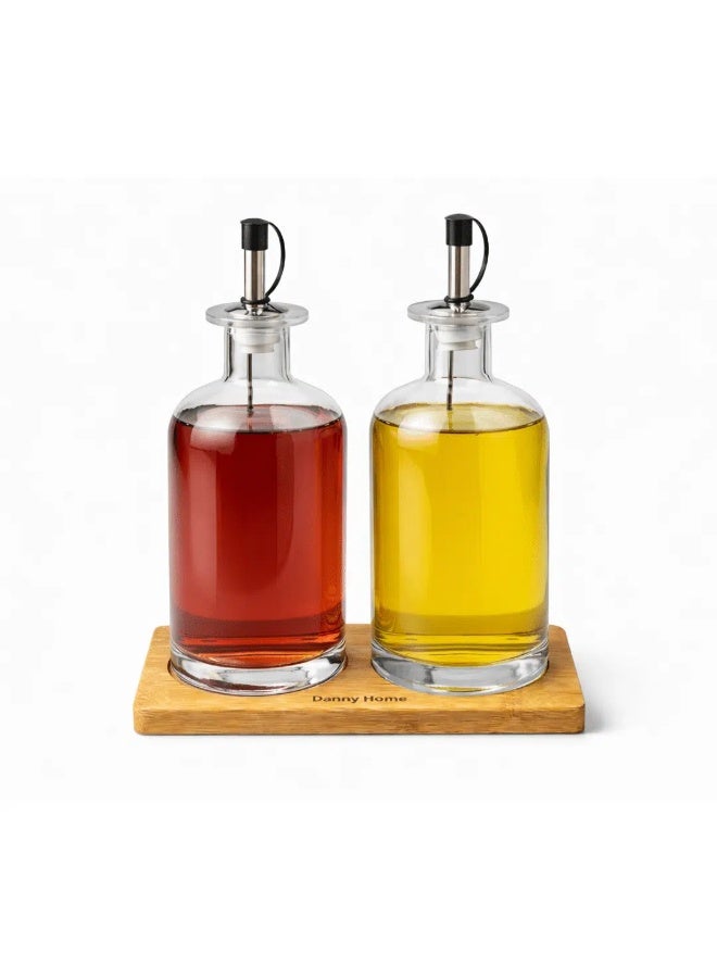 داني هوم طقم زجاجات موزع الزيت والخل من داني هوم سعة 500 مل مع صنبور صب محكم الإغلاق وقاعدة من خشب الأكاسيا - Image 1
