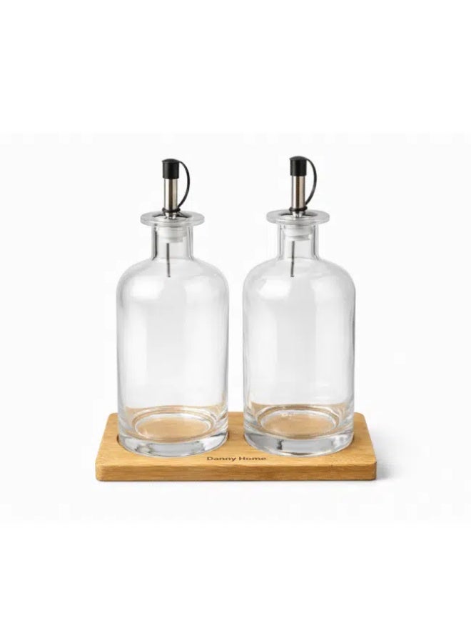 داني هوم طقم زجاجات موزع الزيت والخل من داني هوم سعة 500 مل مع صنبور صب محكم الإغلاق وقاعدة من خشب الأكاسيا - Image 2