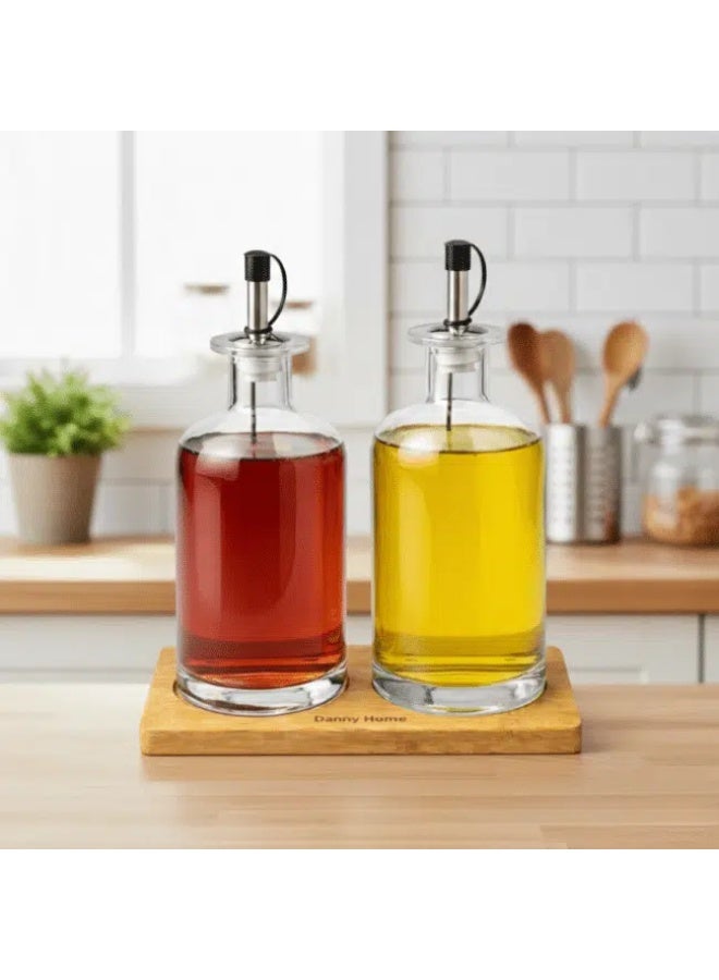 داني هوم طقم زجاجات موزع الزيت والخل من داني هوم سعة 500 مل مع صنبور صب محكم الإغلاق وقاعدة من خشب الأكاسيا - Image 3