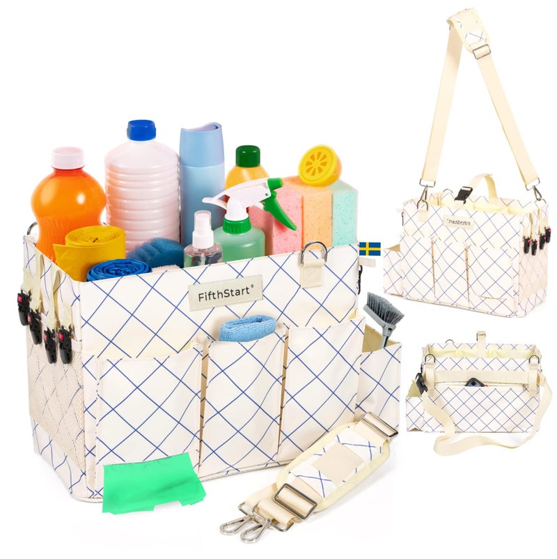 FifthStart Multiuse Large Cleaning Caddy Blue Check Diaper Caddy with Waist Shoulder Strap 9 Pockets Mesh Base Adjustable Compartments