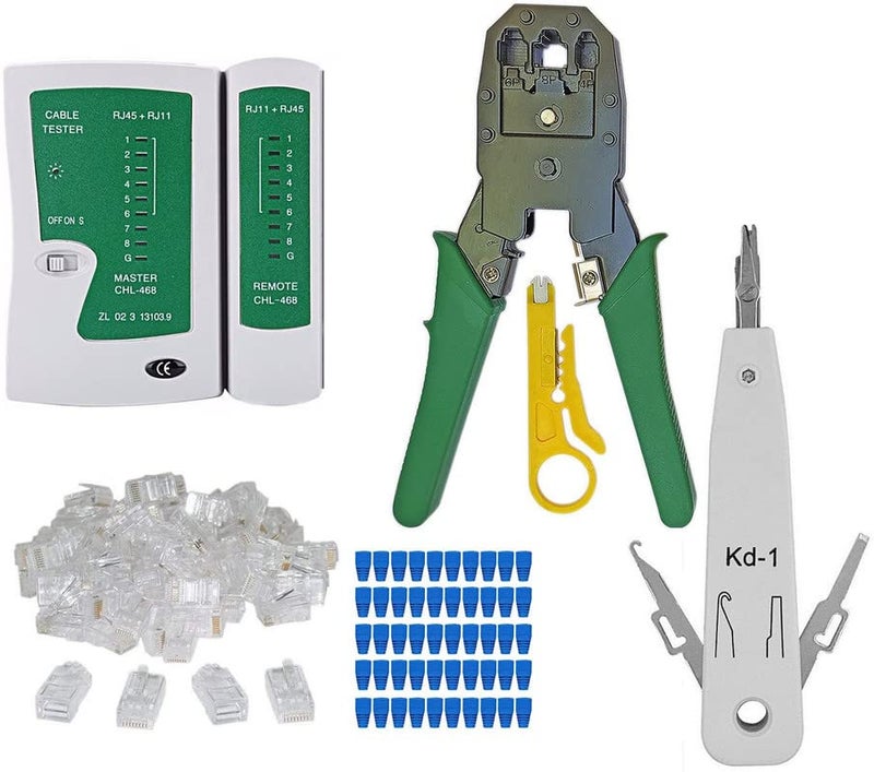 Inditrust RJ-11 6P/RJ-12 8P/RJ-45 Crimp crimping tool, 1 Network Cable Tester, Cut and Strip Tool WITH 1 pc KD 1 tool 50PCS RJ45 CAT5 CAT5e Cat6 Connectors, 50PCS strain relief connector Boot Covers - Image 1