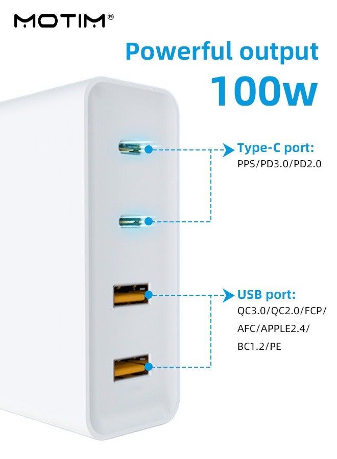 Motim 100W USB C Charger, 4-Port PD + QC GaN Phone Laptop Charger, Type C Compact Fast Wall Charger Adapter/Fast Charging Station Hub for MacBook Pro/Air, Dell XPS, iPad Pro, iPhone, Samsung, Steam Deck, etc - Image 2