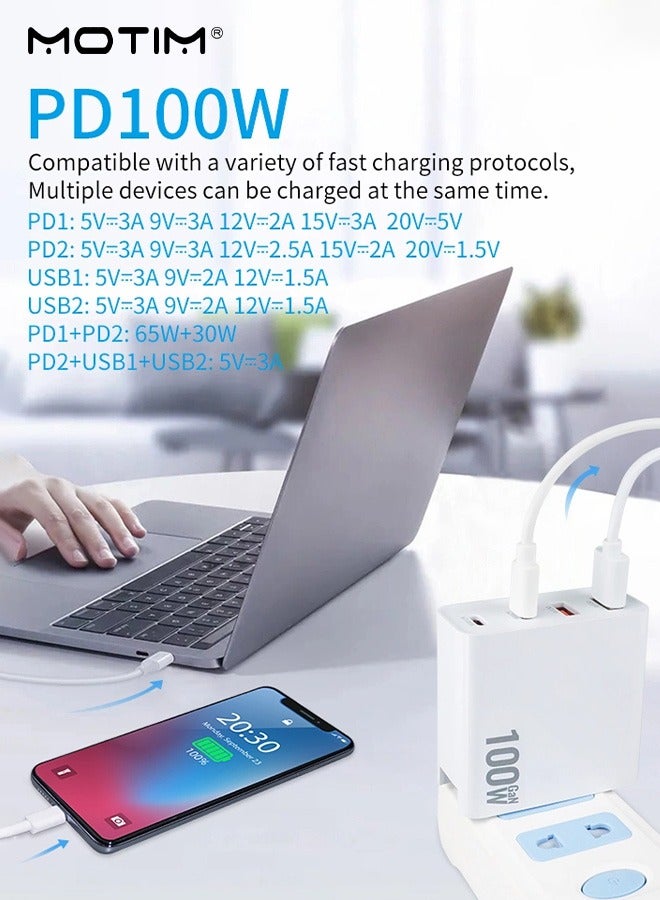 Motim 100W USB C Charger, 4-Port PD + QC GaN Phone Laptop Charger, Type C Compact Fast Wall Charger Adapter/Fast Charging Station Hub for MacBook Pro/Air, Dell XPS, iPad Pro, iPhone, Samsung, Steam Deck, etc - Image 4
