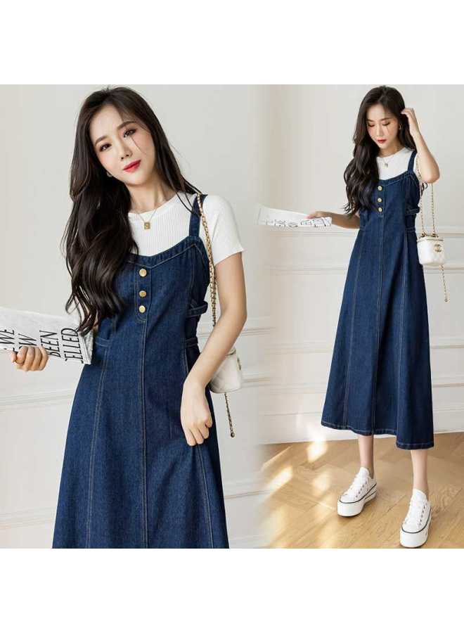 الفساتين الحبالية من الداكن الرفيع مع محسنة للخصر الطويلة الأوسط بالأناقة الفرنسية للنساء الصغيرات للربيع والصيف باللون الأزرق الداكن