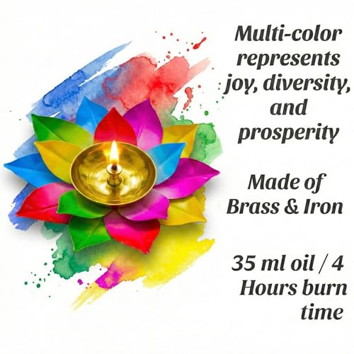 Ein Sof Lotus Brass Diya for Puja - Akhand Jyoti Diya for Pooja Room , Kamal Shaped Lamp for Home Decoration (Pachranga) - Image 3
