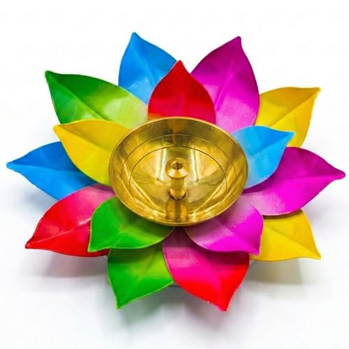 Ein Sof Lotus Brass Diya for Puja - Akhand Jyoti Diya for Pooja Room , Kamal Shaped Lamp for Home Decoration (Pachranga) - Image 1