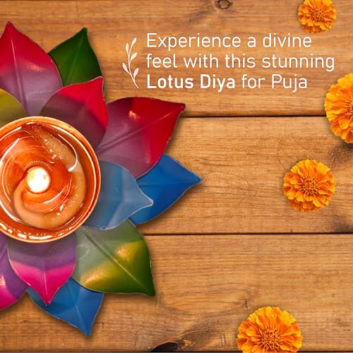 Ein Sof Lotus Brass Diya for Puja - Akhand Jyoti Diya for Pooja Room , Kamal Shaped Lamp for Home Decoration (Pachranga) - Image 5