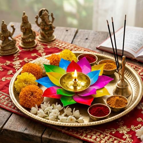 Ein Sof Lotus Brass Diya for Puja - Akhand Jyoti Diya for Pooja Room , Kamal Shaped Lamp for Home Decoration (Pachranga) - Image 2