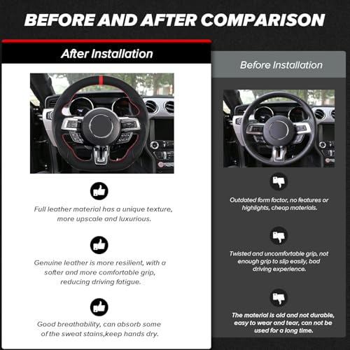 LOSCHEN Full Leather Steering Wheel for Mustang EcoBoost/GT/Shelby GT350/GT350R 2015-2017, Perforated Leather Steering Wheel, D-shaped Flat-bottom - Image 4