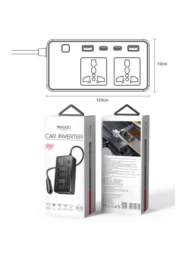 Yesido VC07 200W Car Power Inverter, QC3.0 and PD Charger, 12V to 220V Power Converter with Independent Power Switch - Black - Image 5