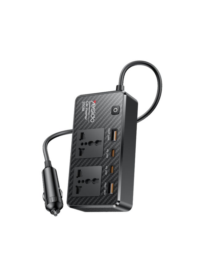 Yesido VC07 200W Car Power Inverter, QC3.0 and PD Charger, 12V to 220V Power Converter with Independent Power Switch - Black - Image 1