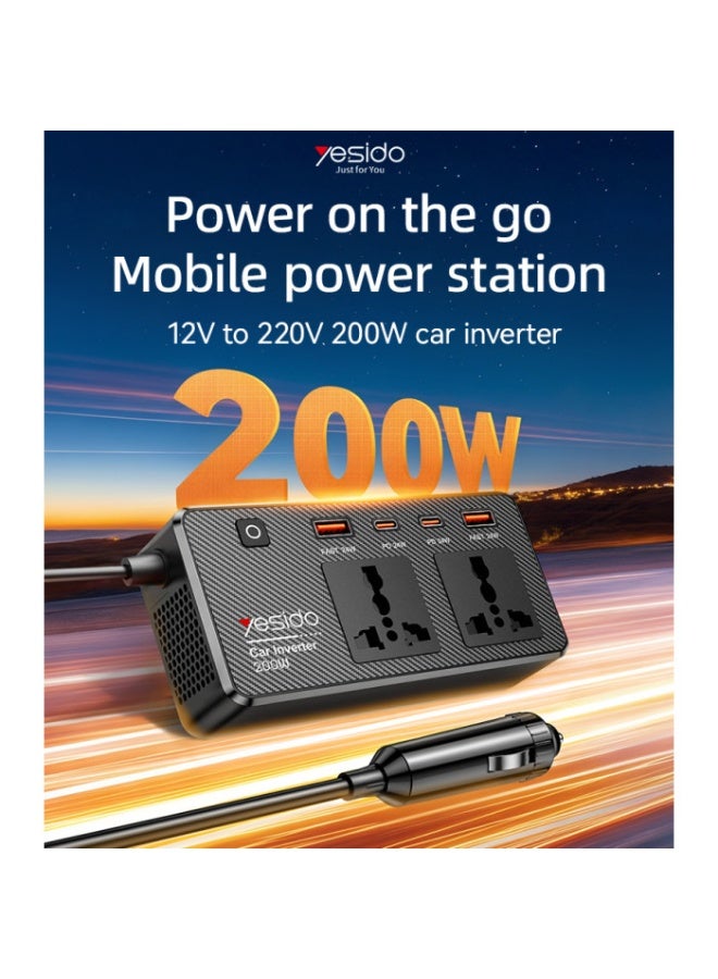 Yesido VC07 200W Car Power Inverter, QC3.0 and PD Charger, 12V to 220V Power Converter with Independent Power Switch - Black - Image 2